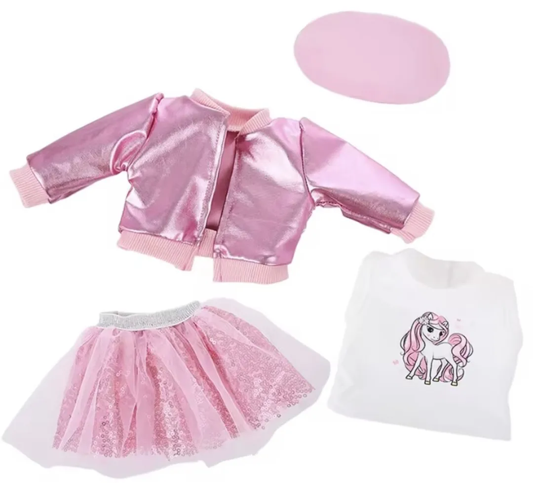 Happy U Kids Roze Glitter Outfit Poppenkleding Baby Born 36-43cm - Rok Jasje Muts Schoenen