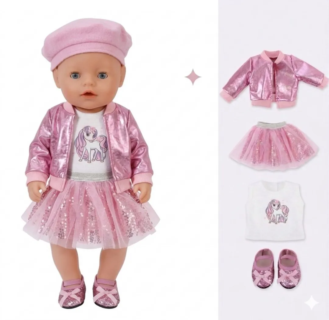 Happy U Kids Roze Glitter Outfit Poppenkleding Baby Born 36-43cm