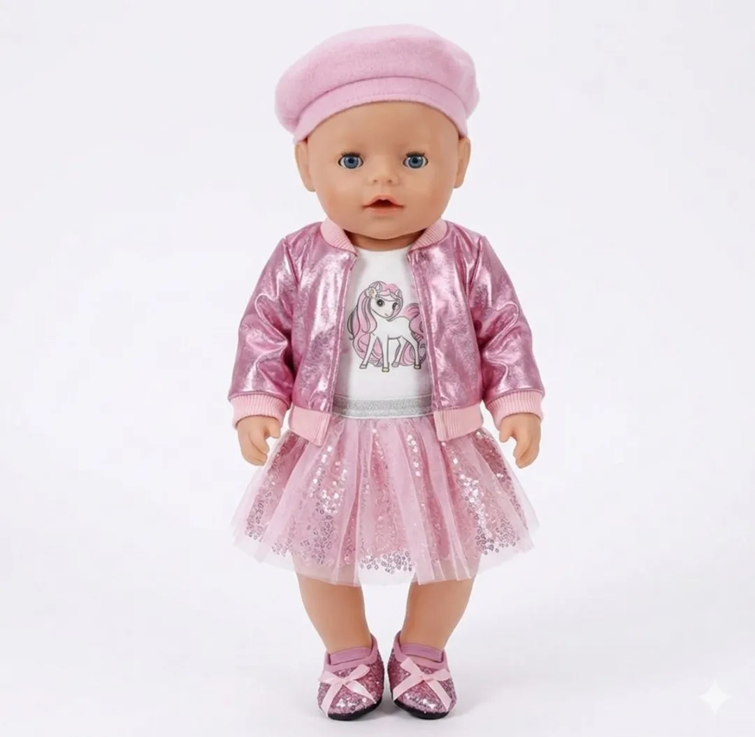 Happy U Kids Roze Glitter Outfit Poppenkleding Baby Born 36-43cm - Rok Jasje Muts Schoenen