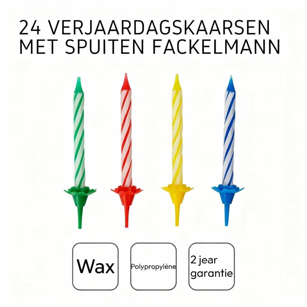 Fackelmann 52507 Set van 24 verjaardagstaartkaarsjes en 12 kaarshouders, verjaardagkaarsjes, kaars, taartkaars, Was, Plastic, Rood, groen, Blauw, Geel, 6 cm