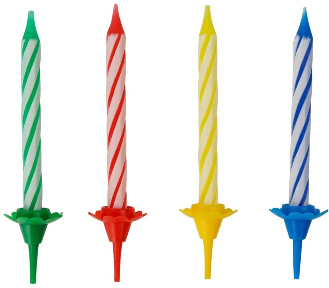 Fackelmann 52507 Set van 24 verjaardagstaartkaarsjes en 12 kaarshouders, verjaardagkaarsjes, kaars, taartkaars, Was, Plastic, Rood, groen, Blauw, Geel, 6 cm