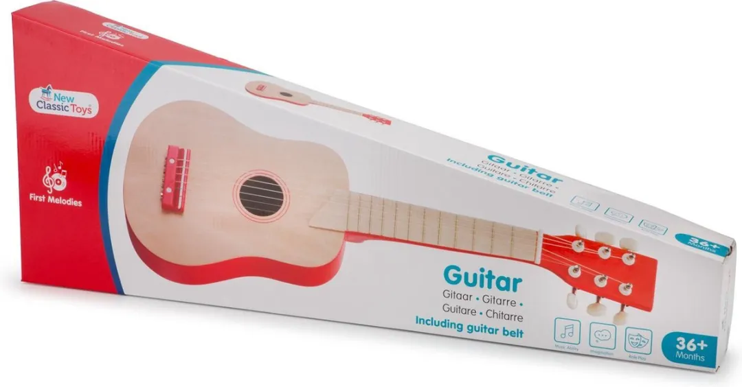 New Classic Toys® Houten Speelgoedgitaar met Draagriem - Rood / Naturel - Speelgoedinstrument - Mijn eerste Gitaar Inclusief Muziekboekje - Speelgitaar voor Kinderen - Vanaf 3 jaar