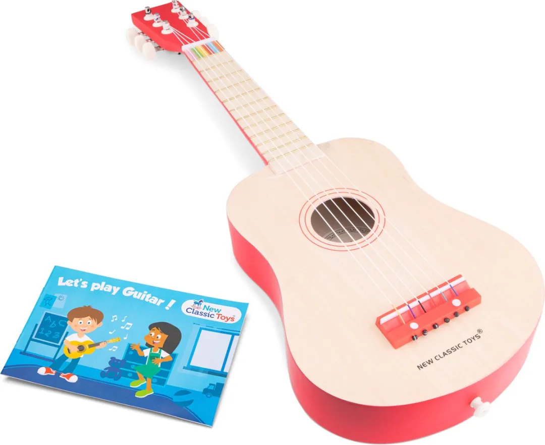 New Classic Toys® Houten Speelgoedgitaar met Draagriem - Rood / Naturel - Speelgoedinstrument - Mijn eerste Gitaar Inclusief Muziekboekje - Speelgitaar voor Kinderen - Vanaf 3 jaar