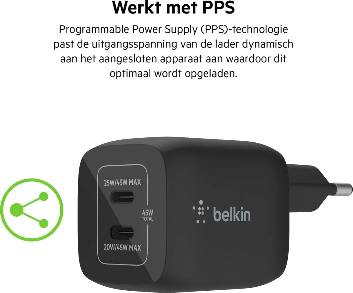Belkin Boost-Up Charge Pro WCH011vfBK USB-C Adapter 45W - Zwart