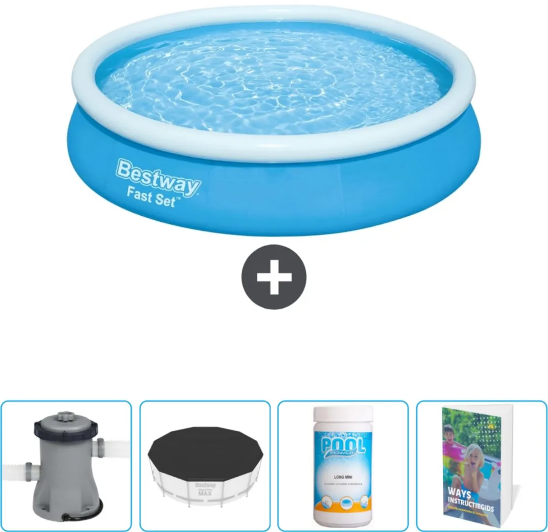 Bestway Rond Opblaasbaar Fast Set Zwembad - 366 x 76 cm - Blauw - Inclusief Pomp Afdekzeil - Chloor - Zwembadgids
