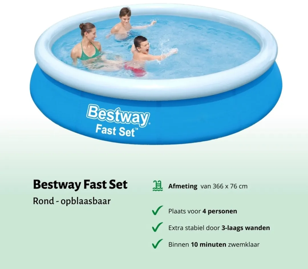 Bestway Rond Opblaasbaar Fast Set Zwembad - 366 x 76 cm - Blauw - Inclusief Pomp Afdekzeil - Chloor - Zwembadgids