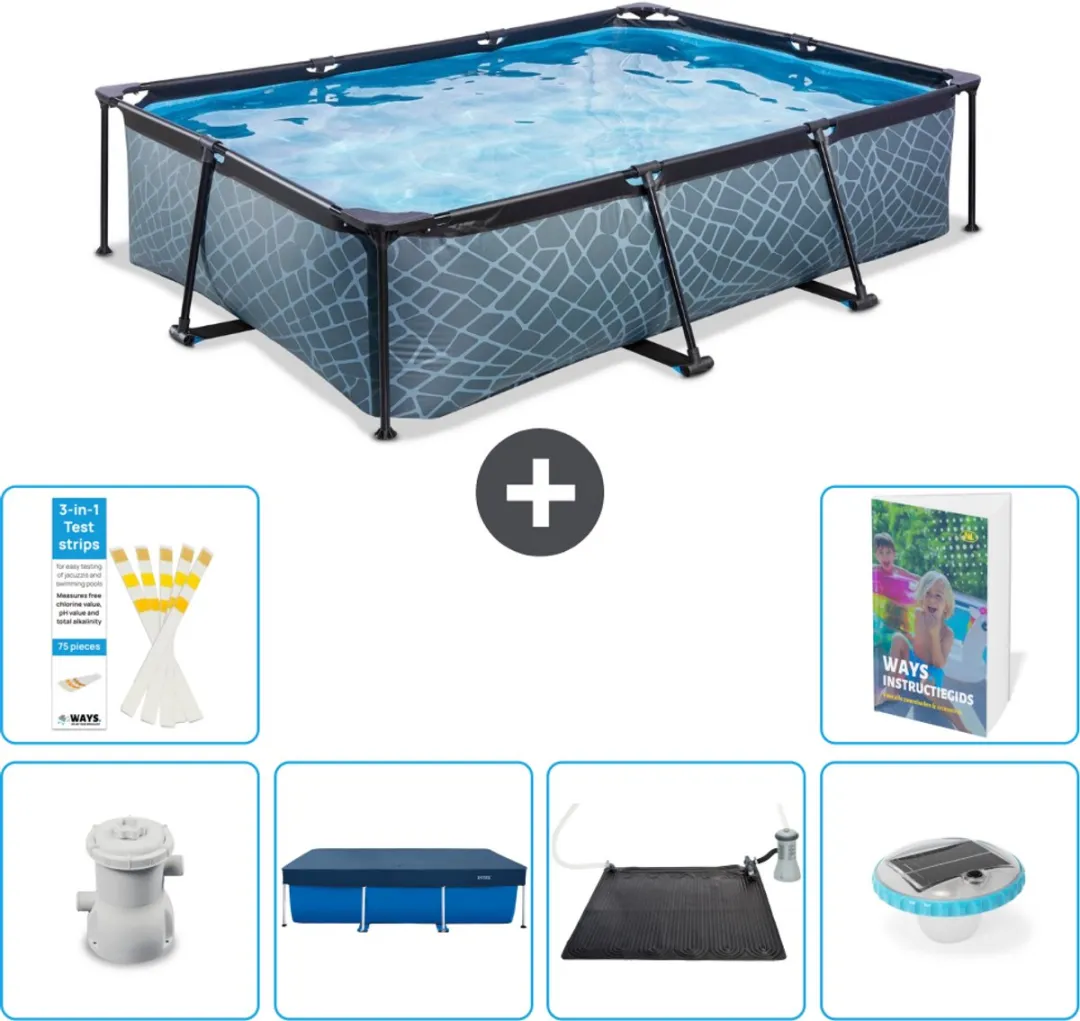 EXIT Rechthoekig Stone Frame Zwembad - 300 x 200 x 65 cm - Inclusief Pomp Afdekzeil - Solar Mat - Verlichting - 7-delig