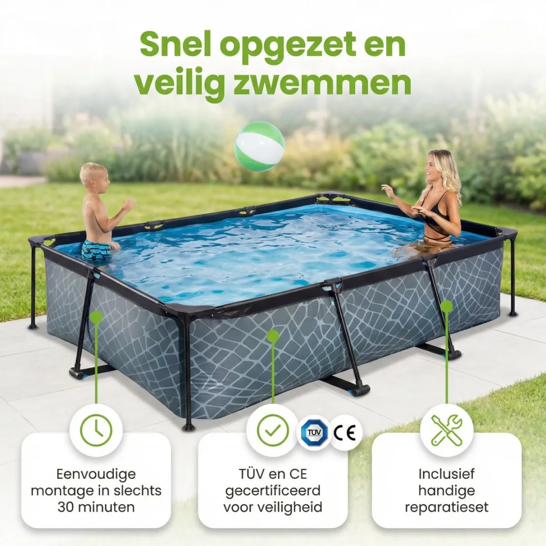 EXIT Rechthoekig Stone Frame Zwembad - 300 x 200 x 65 cm - Inclusief Pomp Afdekzeil - Solar Mat - Verlichting - 7-delig