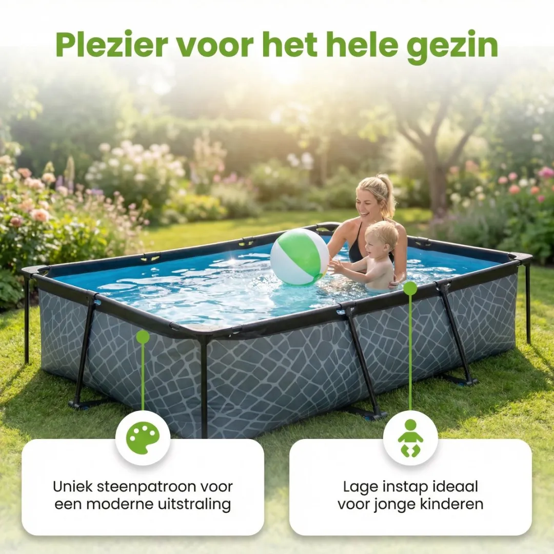 EXIT Rechthoekig Stone Frame Zwembad - 300 x 200 x 65 cm - Inclusief Pomp Afdekzeil - Solar Mat - Verlichting - 7-delig