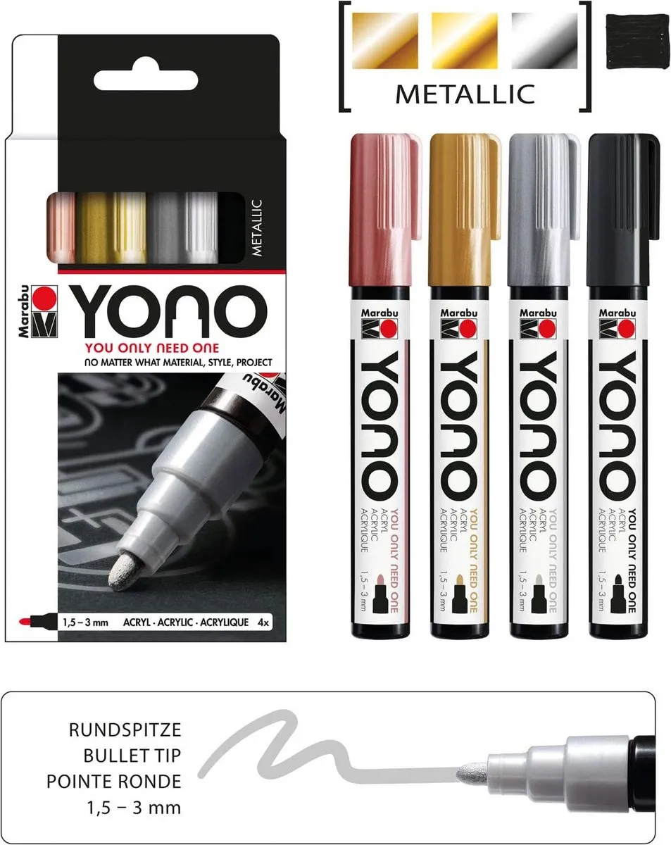 Marabu YONO Marker Set - 4 Metallic Kleuren - 1.5-3mm Ronde Punt - afbeelding 6 van 6
