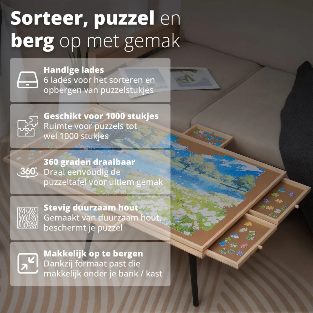 FlinQ Draaibaar Puzzelbord 1000 Stuks - Hout - 76x57x4cm - afbeelding 6 van 6