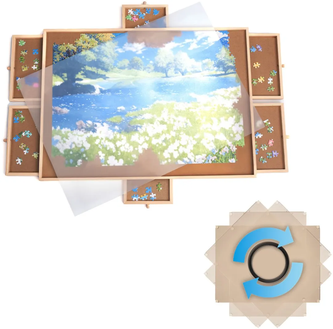 FlinQ Draaibaar Puzzelbord met Opbergsysteem - Puzzelplaat met Bescherming - 6 Lades en Sorteerbakjes voor 1000 stukjes - Puzzelmat van Hout - Puzzel tafel - Portapuzzel - 76,2x56,5x4 cm