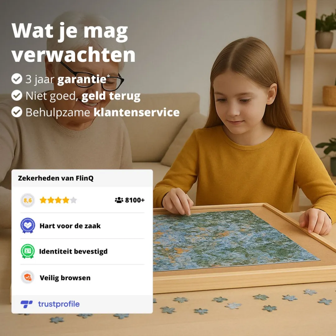 FlinQ Draaibaar Puzzelbord met Opbergsysteem - Puzzelplaat met Bescherming - 6 Lades en Sorteerbakjes voor 1000 stukjes - Puzzelmat van Hout - Puzzel tafel - Portapuzzel - 76,2x56,5x4 cm