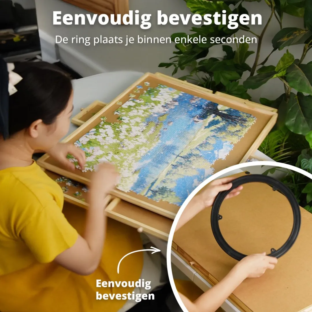 FlinQ Draaibaar Puzzelbord met Opbergsysteem - Puzzelplaat met Bescherming - 6 Lades en Sorteerbakjes voor 1000 stukjes - Puzzelmat van Hout - Puzzel tafel - Portapuzzel - 76,2x56,5x4 cm