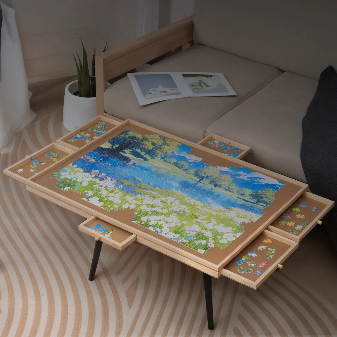 FlinQ Draaibaar Puzzelbord met Opbergsysteem - Puzzelplaat met Bescherming - 6 Lades en Sorteerbakjes voor 1000 stukjes - Puzzelmat van Hout - Puzzel tafel - Portapuzzel - 76,2x56,5x4 cm
