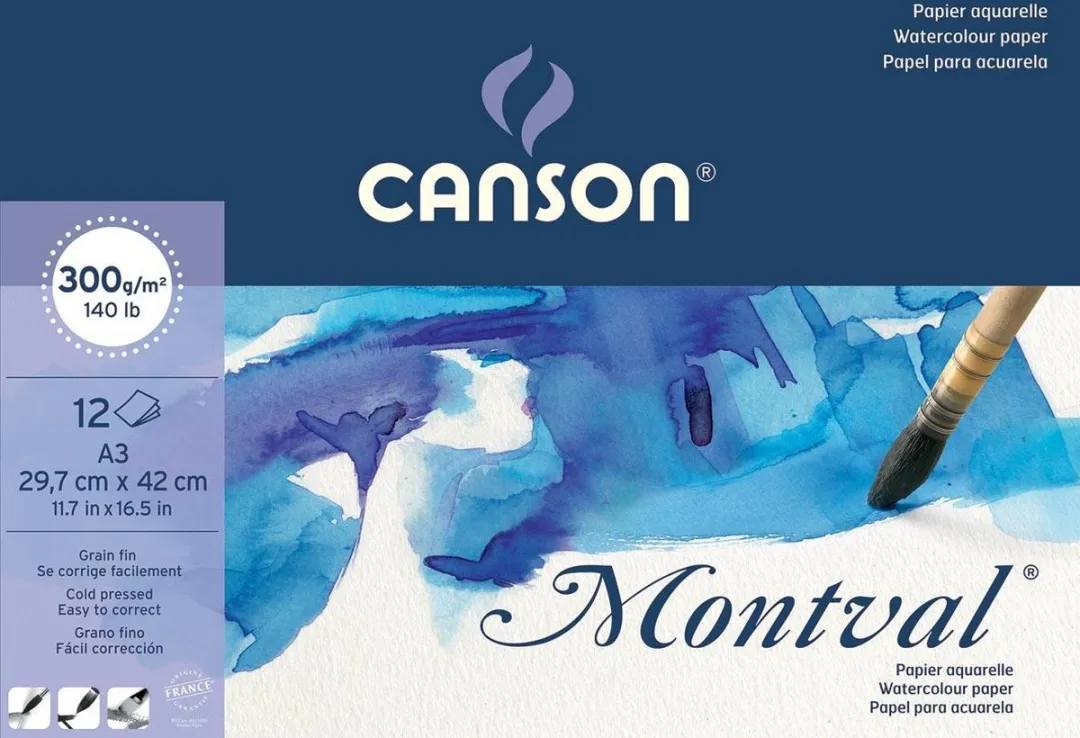 Montval aquarelpapier, wit met fijne korrel 300 g/m², ft A3, blok met 12 vellen