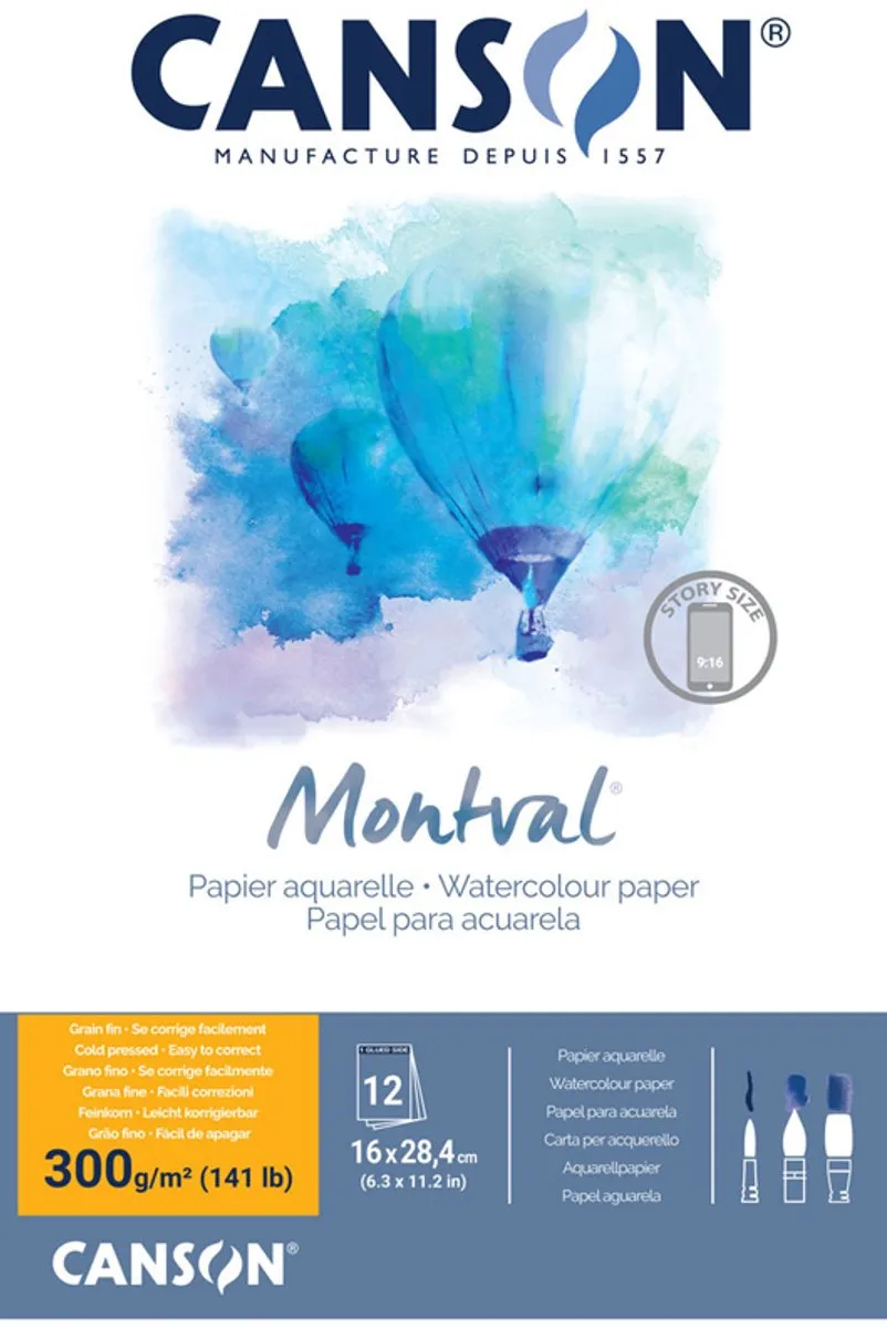 Montval aquarelpapier, wit met fijne korrel 300 g/m², ft A3, blok met 12 vellen