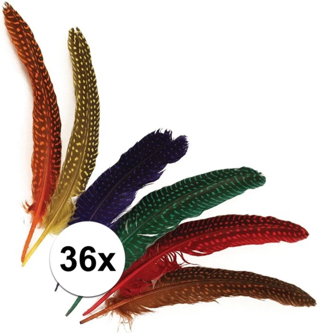 Rayher hobby sierveren met stippen - multi kleuren - 36x stuks - 17 tot 22 cm - veertjes