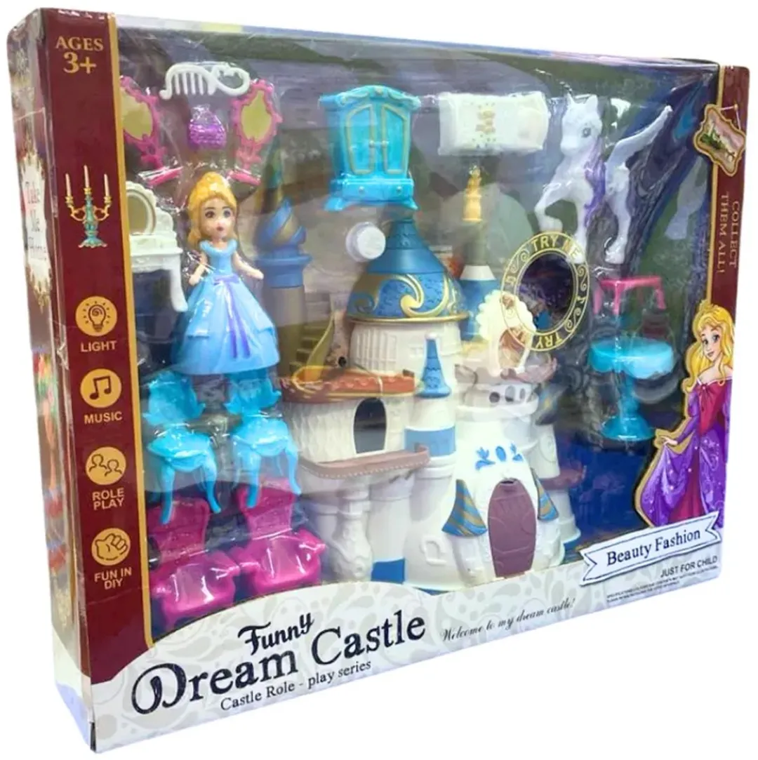 Dream Castle - 17 accessoires - Prinsessenkasteel - prinsesje + pony - licht en geluid - poppenhuis