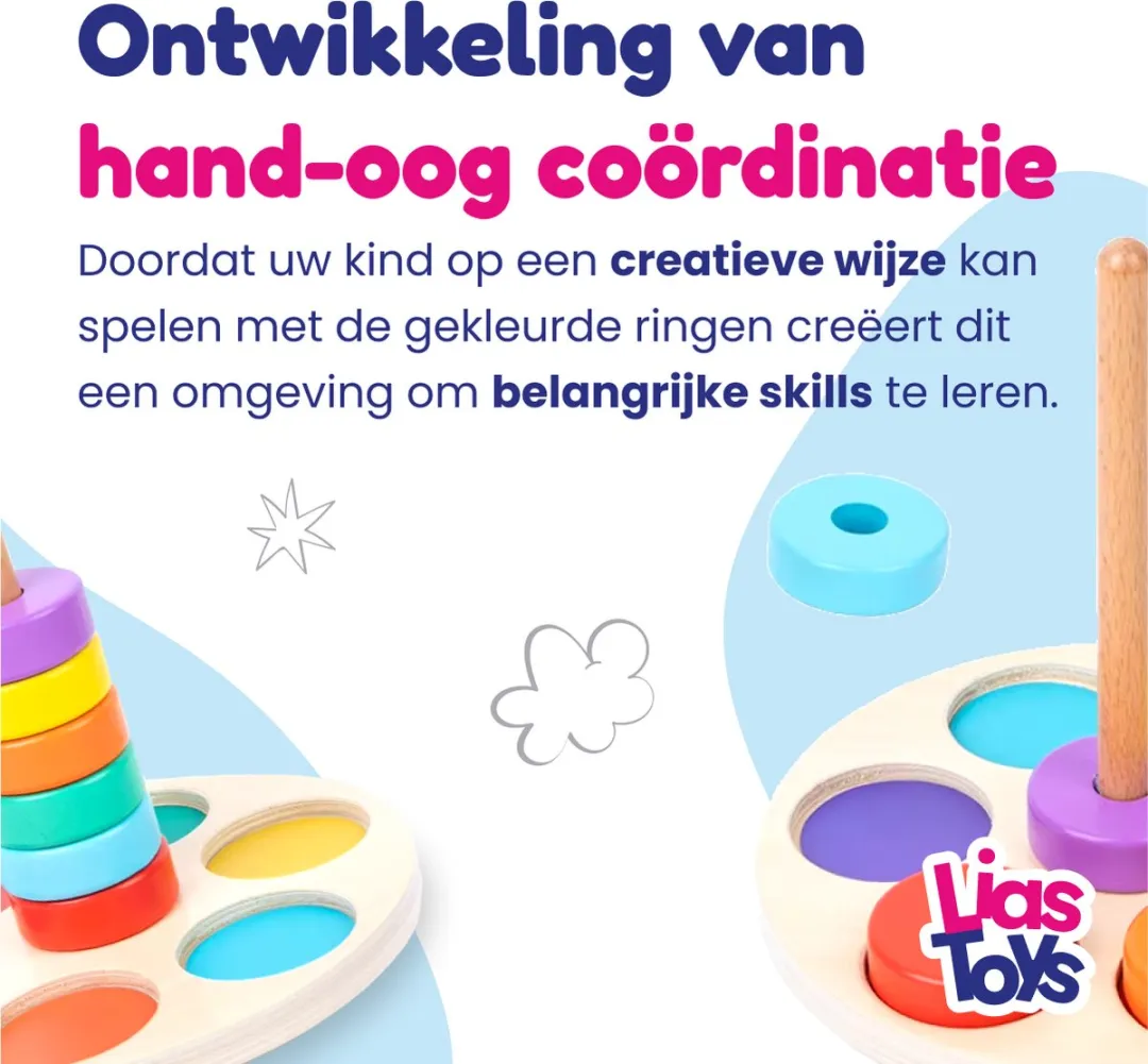 LiasToys - Regenboog toren - houten stapeltoren - montessori speelgoed - educatief speelgoed - peuter speelgoed -duurzaam speelgoed - ring stapelaar