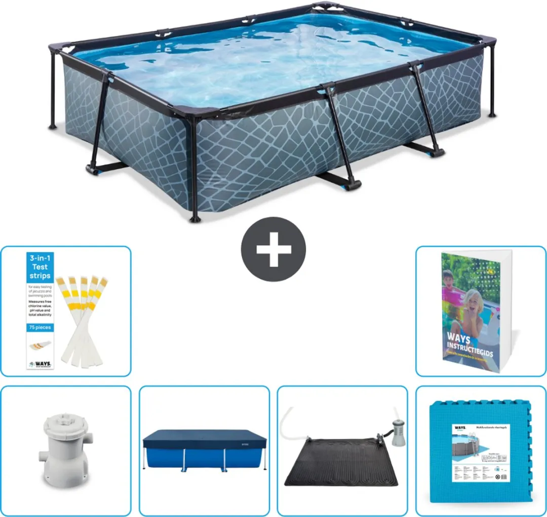 EXIT Rechthoekig Stone Frame Zwembad - 300 x 200 x 65 cm - Inclusief Pomp Afdekzeil - Solar Mat - Vloertegels - 7-delig