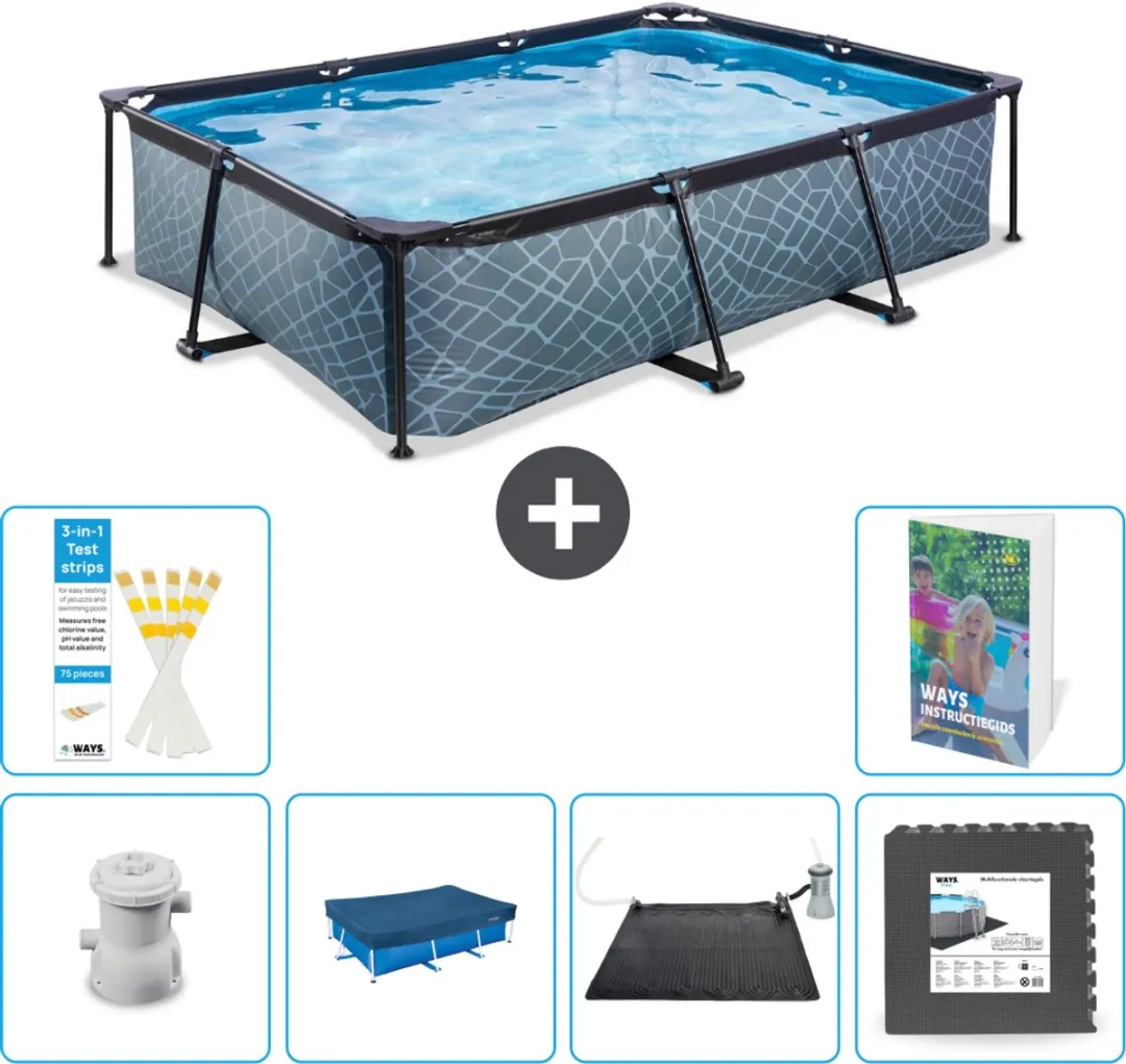 EXIT Rechthoekig Stone Frame Zwembad - 300 x 200 x 65 cm - Inclusief Pomp Afdekzeil - Solar Mat - Vloertegels - 7-delig