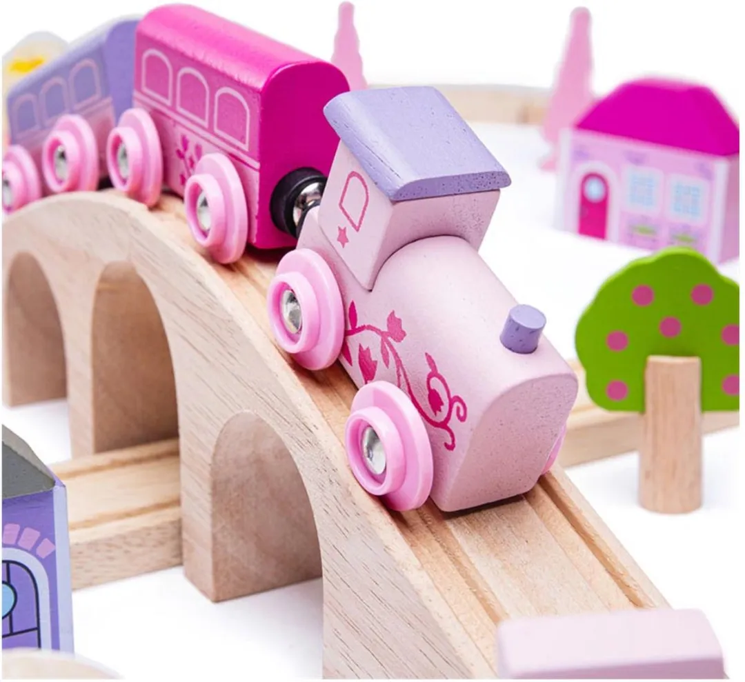 BIGJIGS Houten Treinset Stad BJT023 - Roze - 75 Stukken