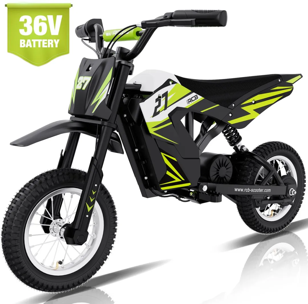 RCB Elektrische kindermotor | 36V Cross Bike Off-road| 3 Versnellingen (8/12/25 km/u)| | Groente/Zwart