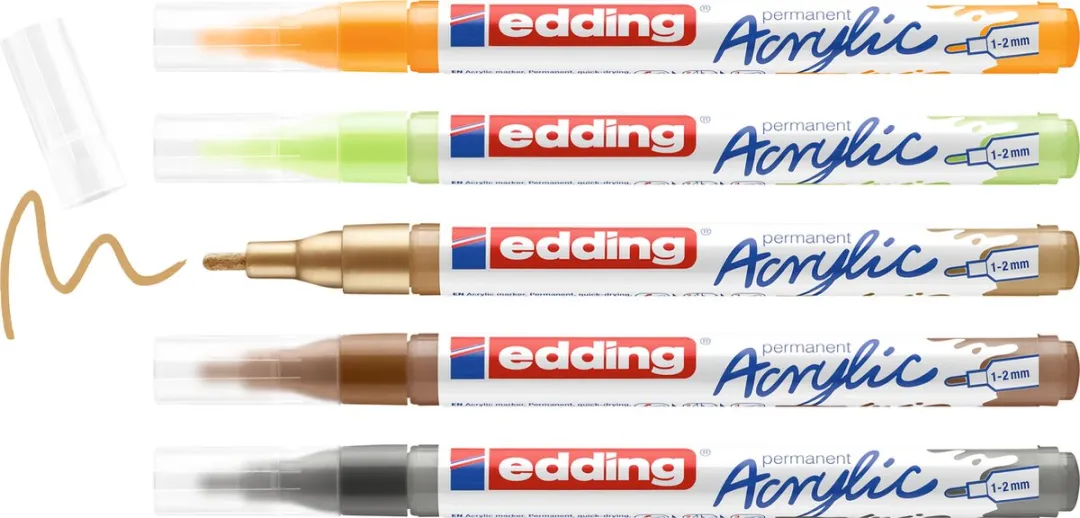 edding 5300 Acrylstiften Fijn - 5 Stuks - Pastelgroen/Zonnegeel/Hazelnoot/Rijkgoud/Antraciet