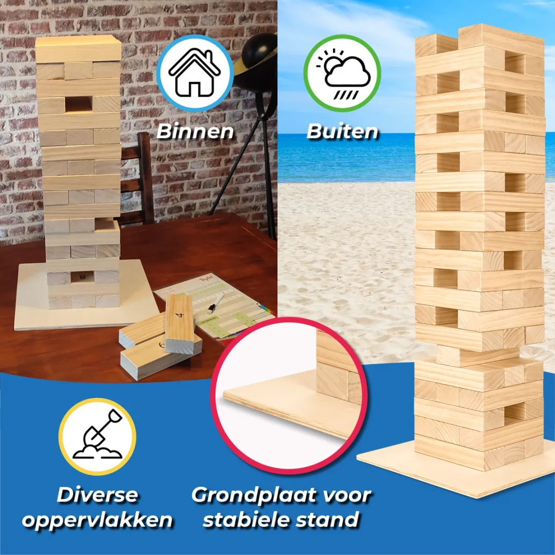 Toyfel Riski – Grote FSC® Houten Stapeltoren 70cm XXL – 54 Stapelen Stukken met Ondersteuningsbord & Scorebord – Spannend Openluchttuinspel voor het Gezin