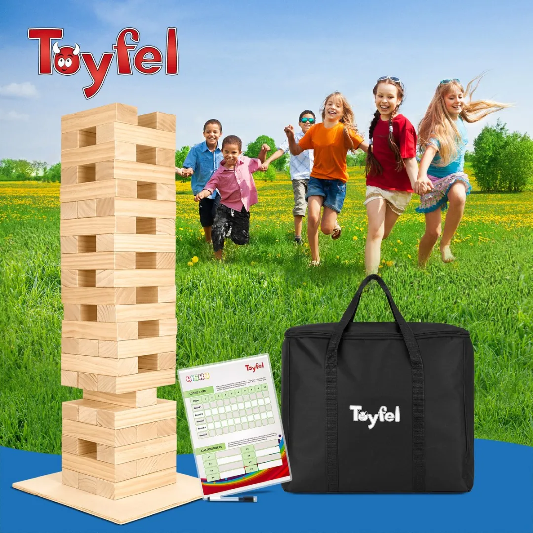 Toyfel Riski – Grote FSC® Houten Stapeltoren 70cm XXL – 54 Stapelen Stukken met Ondersteuningsbord & Scorebord – Spannend Openluchttuinspel voor het Gezin