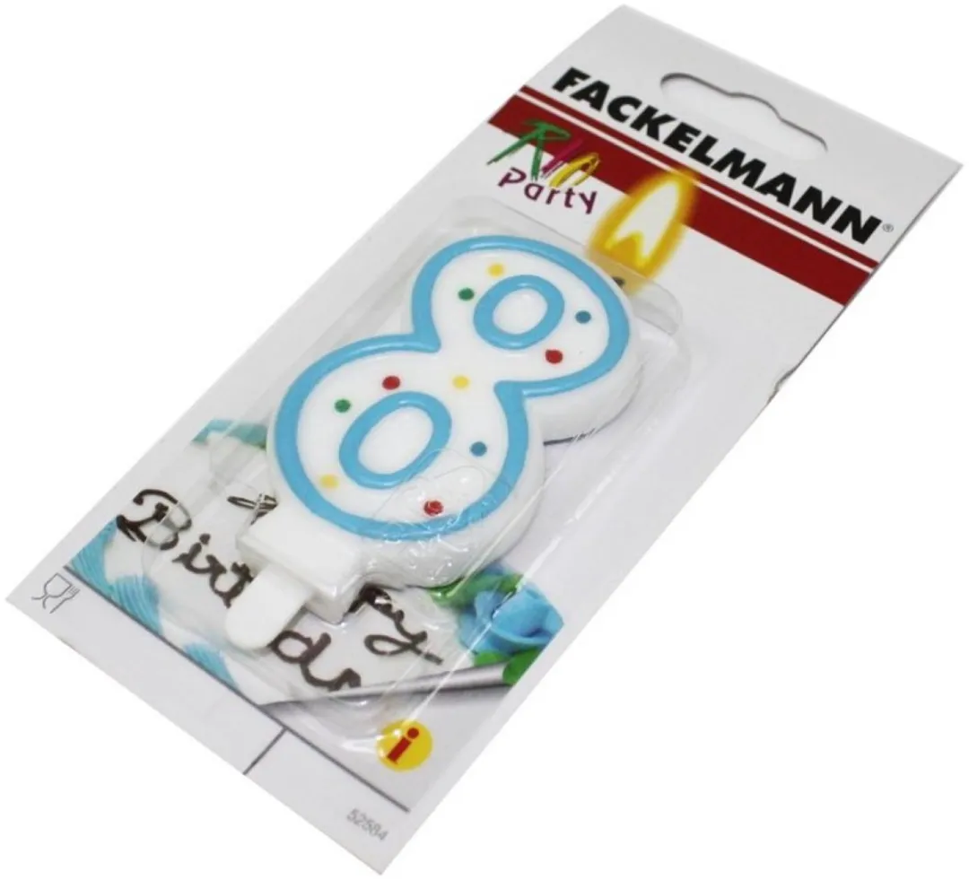 Fackelmann 52584 Kaars 8 jaar, verjaardagskaars, taartkaars, cijferkaars 8, kaars voor verjaardagstaart, paraffine, 9 x 4,5 cm