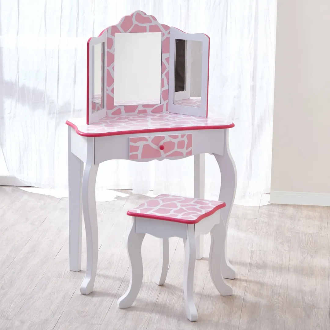 Teamson Kids Houten Kaptafel Kinderen - Tafel en Stoel Set - Roze/Wit