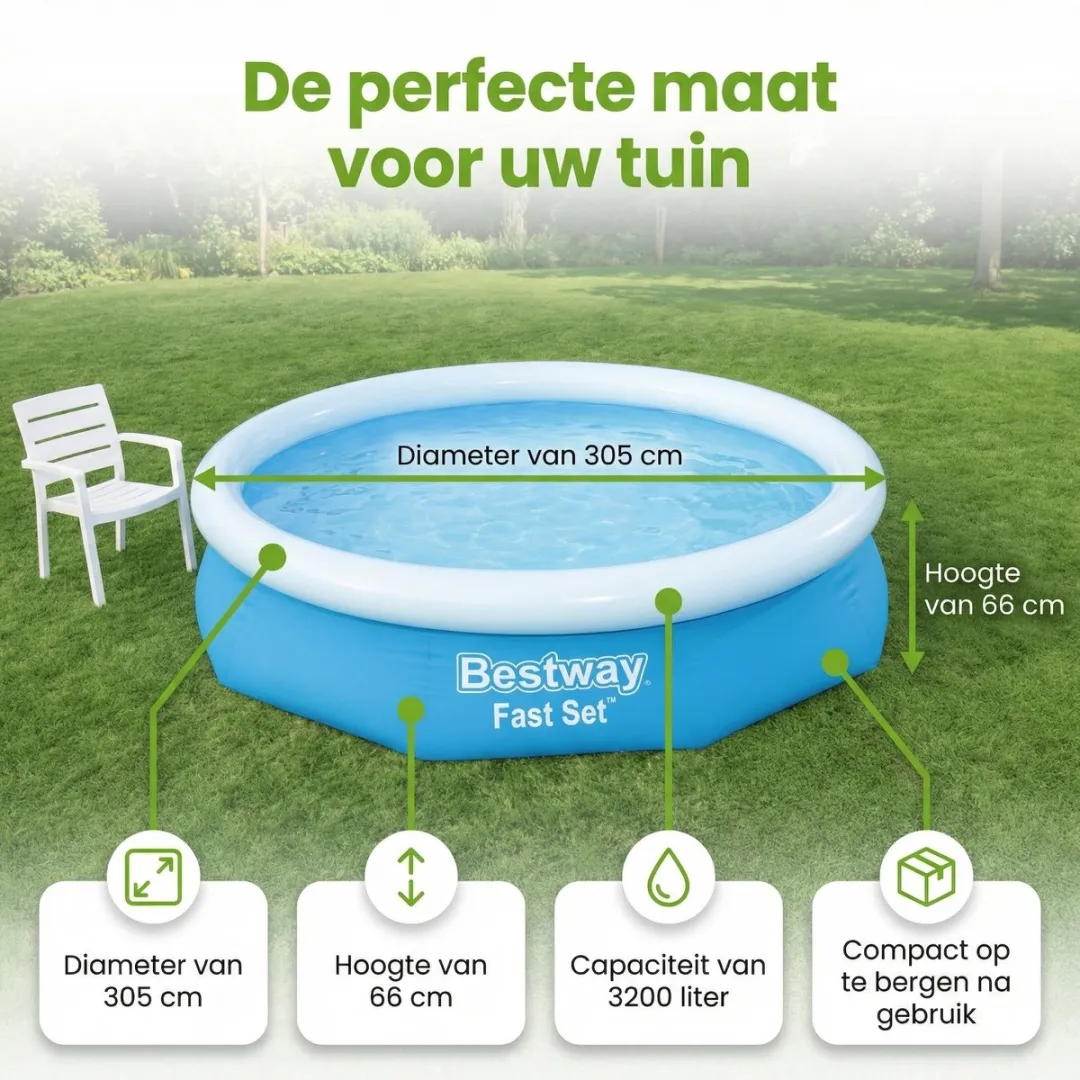 Bestway Rond Opblaasbaar Fast Set Zwembad - 305 x 66 cm - Blauw - Inclusief Pomp Afdekzeil - Grondzeil - Solar Mat - 7-delig