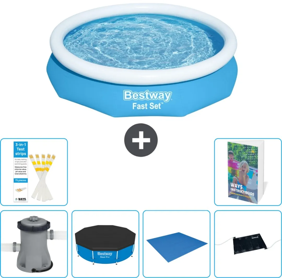 Bestway Rond Opblaasbaar Fast Set Zwembad - 305 x 66 cm - Blauw - Inclusief Pomp Afdekzeil - Grondzeil - Solar Mat - 7-delig