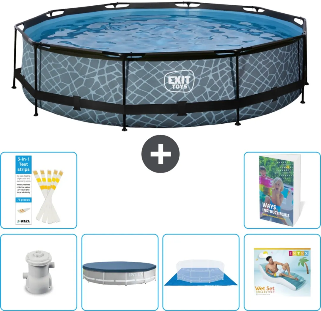 EXIT Rond Stone Frame Zwembad - 360 x 76 cm - Inclusief Pomp Afdekzeil - Grondzeil - Loungebed - 7-delig