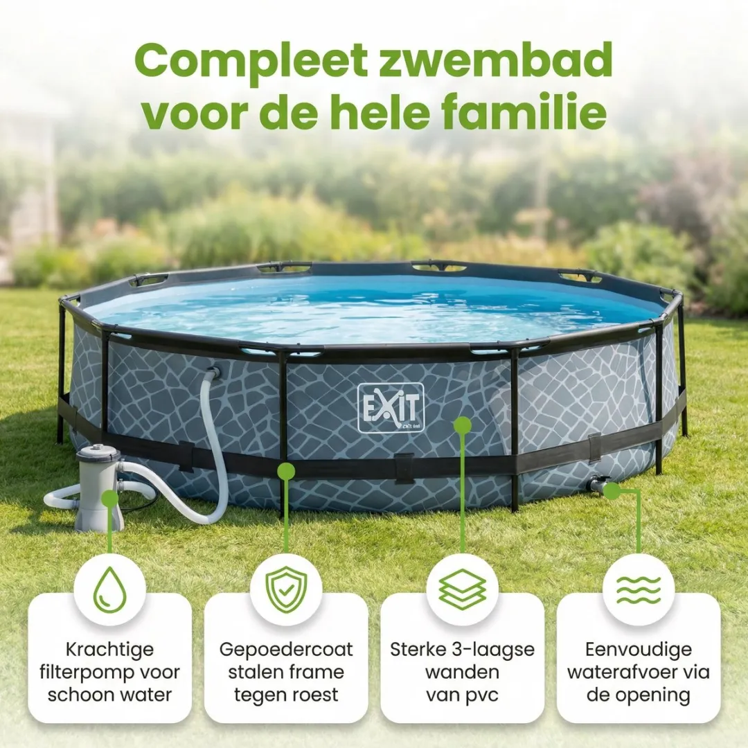EXIT Rond Stone Frame Zwembad - 360 x 76 cm - Inclusief Pomp Afdekzeil - Grondzeil - Loungebed - 7-delig
