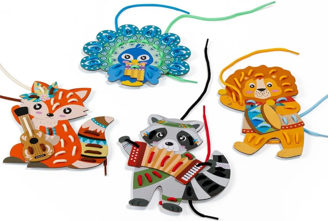 Eurekakids Lacing Animals - Veters Rijgen met 8 Sjablonen - Nostalgisch Speelgoed - Educatief