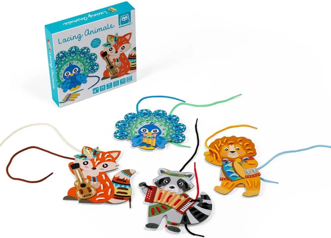 Eurekakids Lacing Animals - Veters Rijgen met 8 Sjablonen - Nostalgisch Speelgoed - Educatief