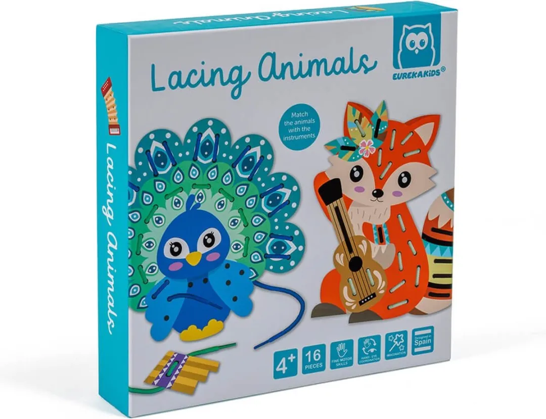 Eurekakids Lacing Animals - Veters Rijgen met 8 Sjablonen - Nostalgisch Speelgoed - Educatief