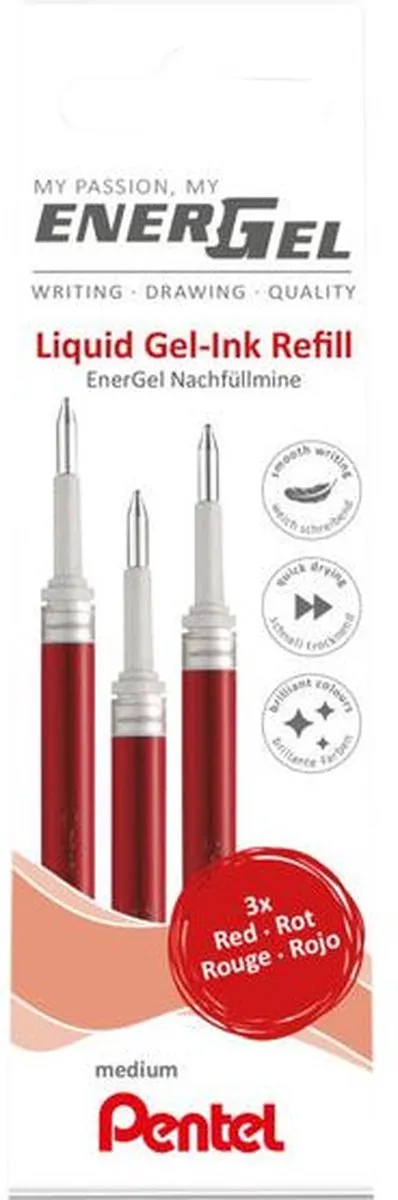 Gelschrijvervulling Pentel LR7 Energel medium rood set à 3 stuks