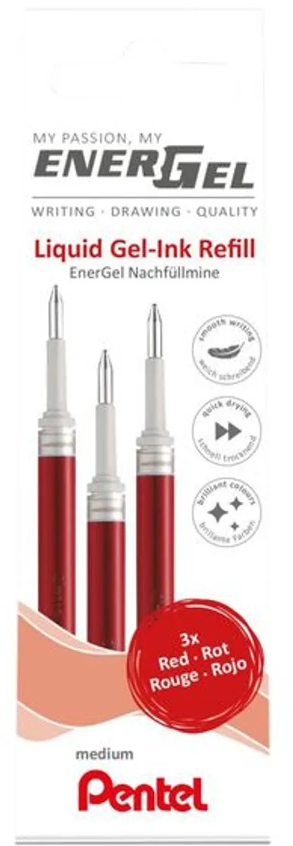 Gelschrijvervulling Pentel LR7 Energel medium rood set à 3 stuks