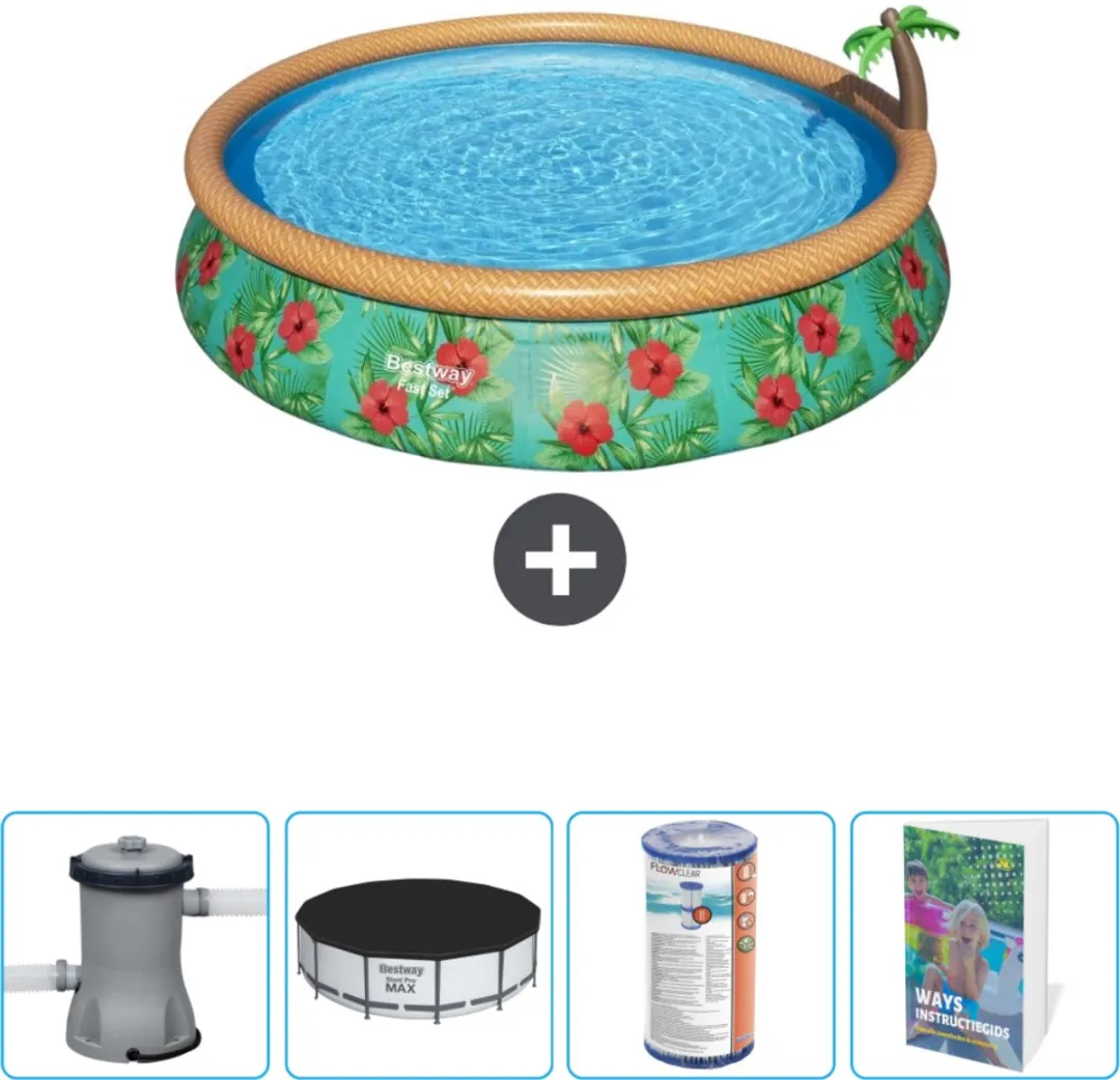 Bestway Rond Opblaasbaar Fast Set Zwembad - Paradijsprint - 457 x 84 cm - Inclusief Pomp Afdekzeil - Filter - Zwembadgids