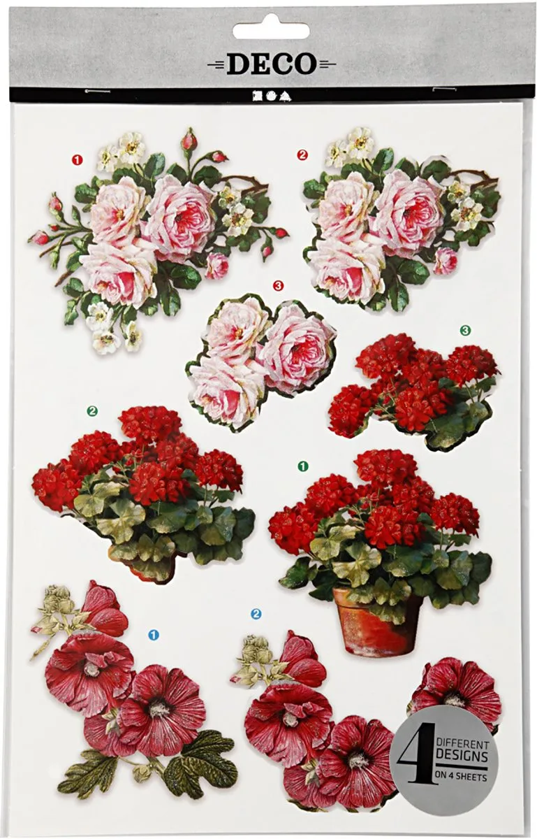 Creativ Company 3D Knipvellen Bloemen Thema 21x30cm - 4 Vellen - Rood/Rozes/Blauw/Groen/Wit