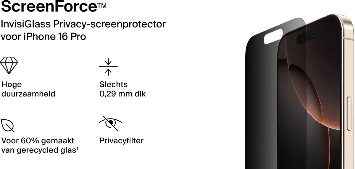 Belkin InvisiGlass Privacy Screenprotector iPhone 16/15 Plus & 14 Pro Max