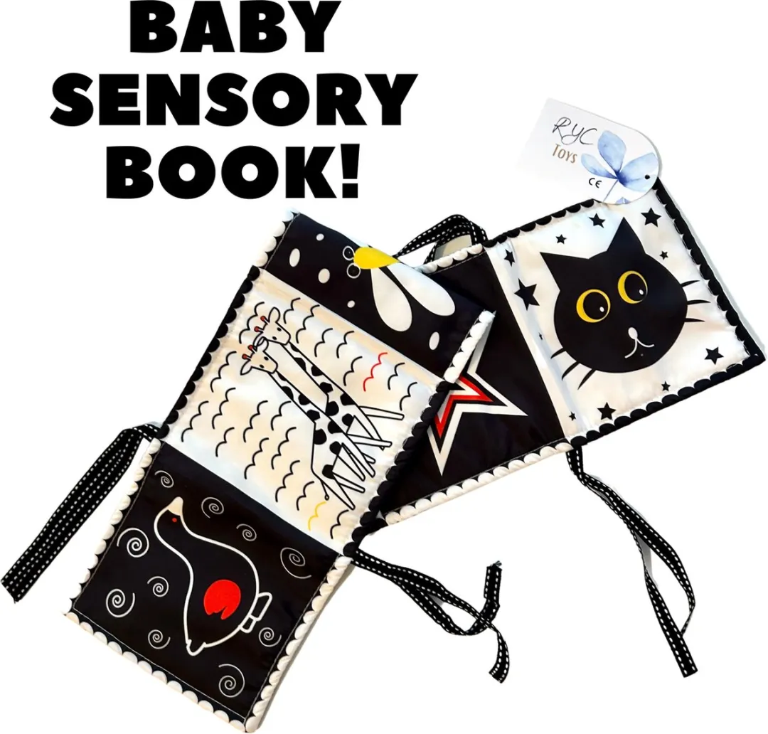 RyC Toys Zacht knisperboek baby | box speelgoed | zwart wit rood contrasterend sensorisch | stimulatiespeelgoed voor baby's | zwart wit rood sensorisch speelgoed