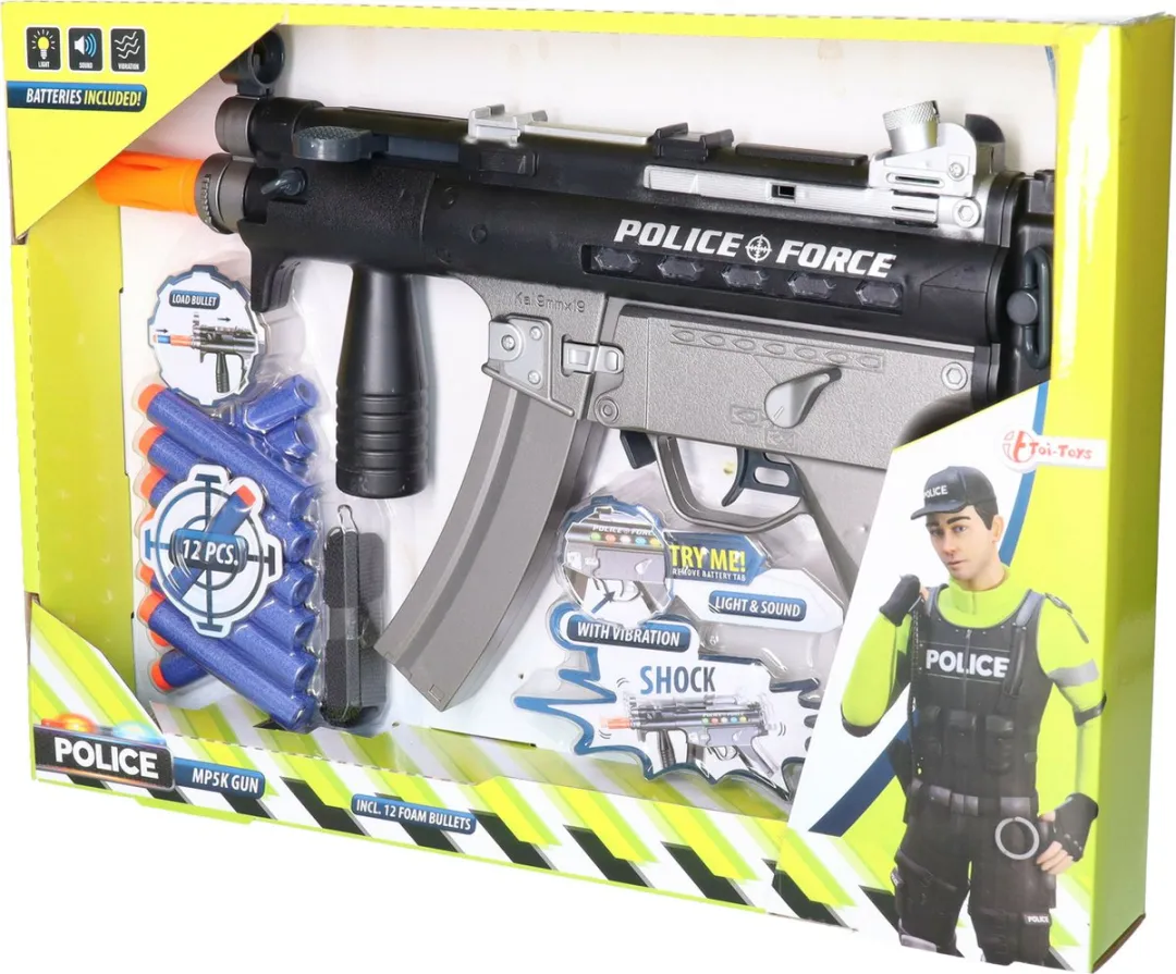 Toi-Toys Politie Pistool MP5K - Licht & Geluid - 12 Foam Pijltjes - Zwart