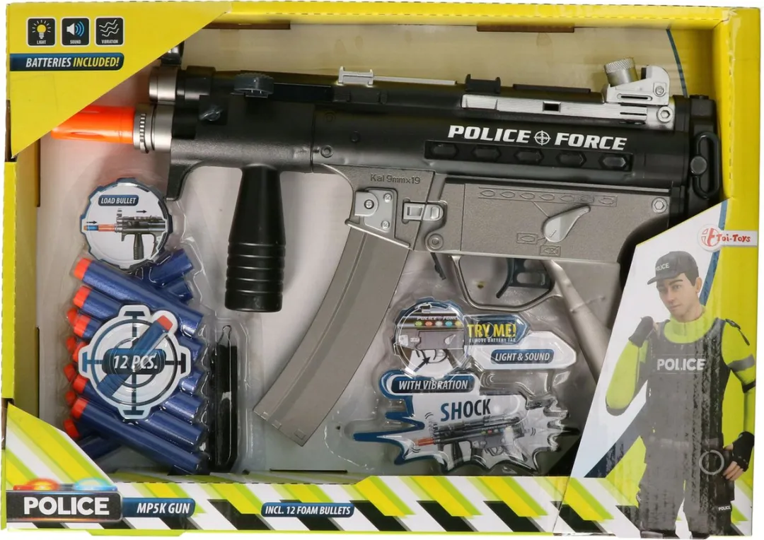 Toi-Toys Politie Pistool MP5K - Licht & Geluid - 12 Foam Pijltjes - Zwart