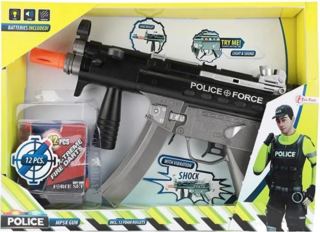 Toi-Toys Politie Pistool MP5K - Licht & Geluid - 12 Foam Pijltjes - Zwart