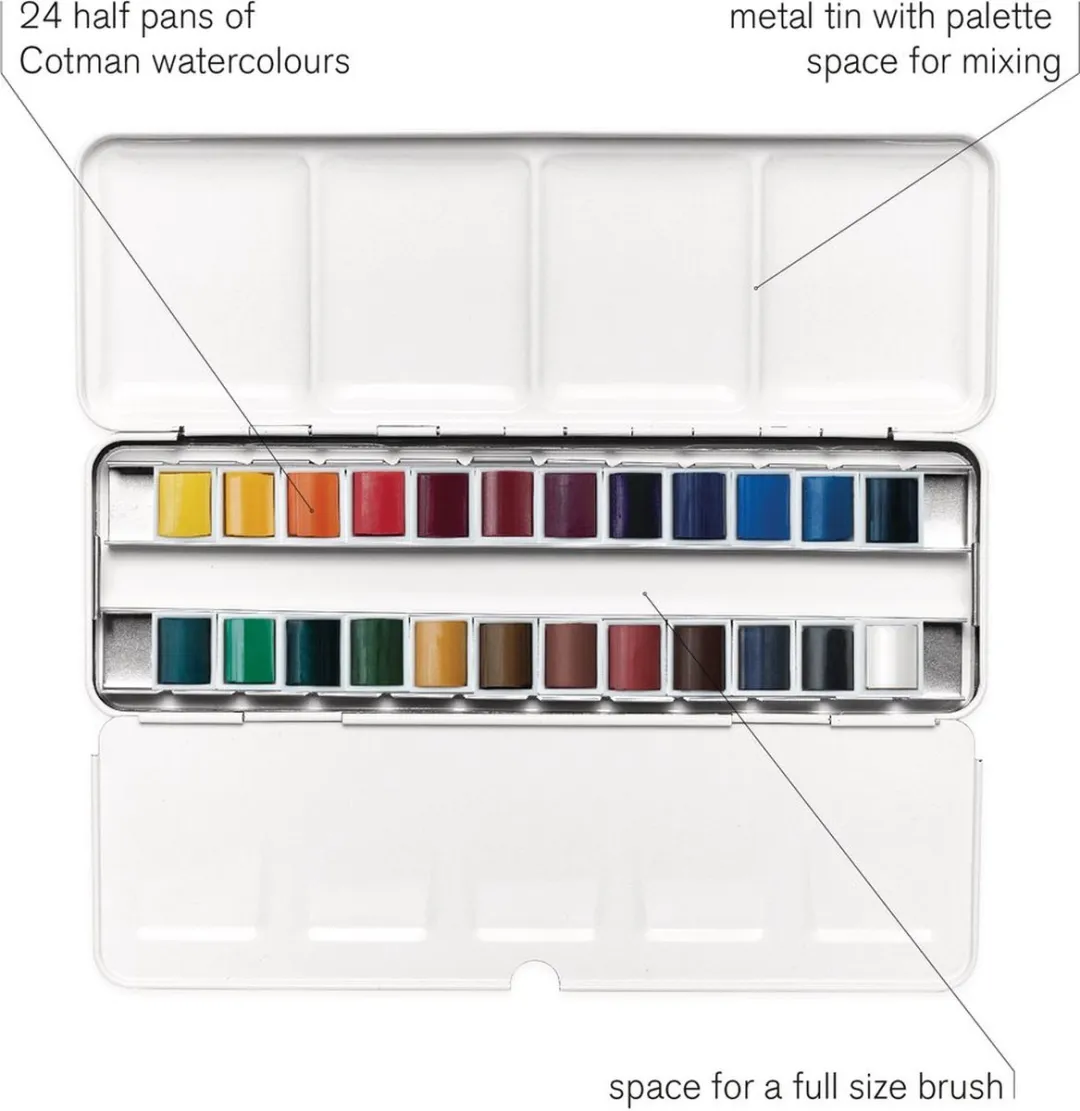 Winsor & Newton Cotman Aquarelverf Set 24 Halve Napjes - Metal Sketchers Box